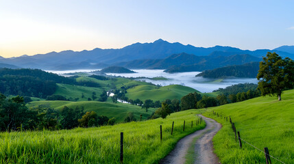 Obraz premium Serene Mountain Valley Landscape with Morning Mist