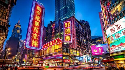 Obraz premium Vibrant Hong Kong night street, bustling traffic, towering buildings, neon signs