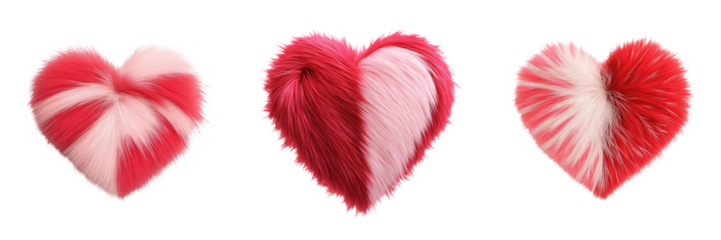 Three fluffy, heart-shaped decorations in varying designs, featuring shades of red and pink, perfect for expressing love and affection.