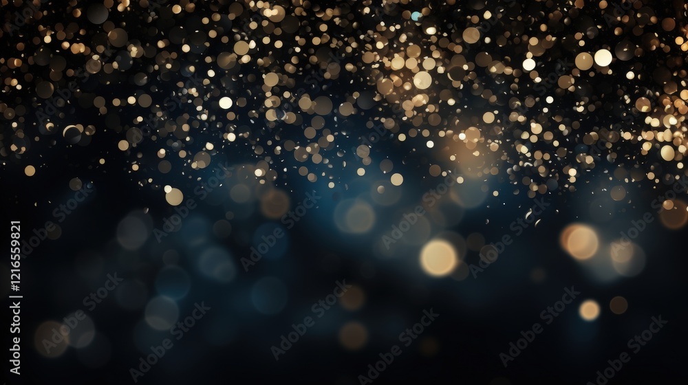 Poster Abstract glitter bokeh texture on a dark black background creating a mesmerizing visual effect of shimmering lights and soft blur for various creative uses.