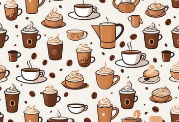Cozy Coffee Pattern Featuring Diverse Cups, Teapot, and Whipped Cream Toppings - Warm and Inviting Design