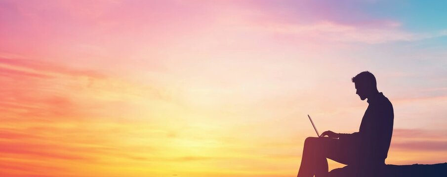 freelance work, financial freedom, silhouette of business man working on laptop on sunset beach, banner background with copyspace