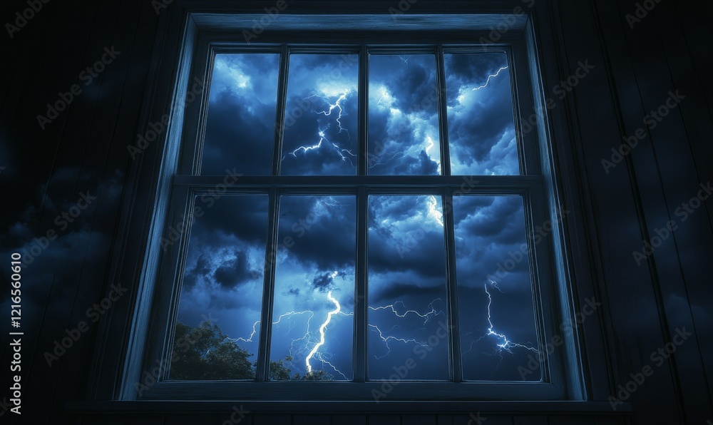 Poster Forced perspective view of a storm through a window with lightning strikes