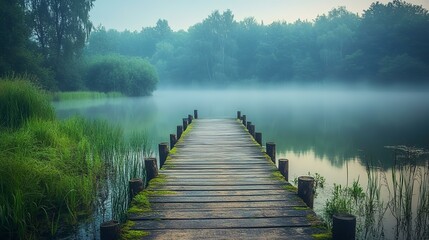 Naklejka premium Misty morning lake, wooden pier, tranquil scene, nature escape, peaceful reflection