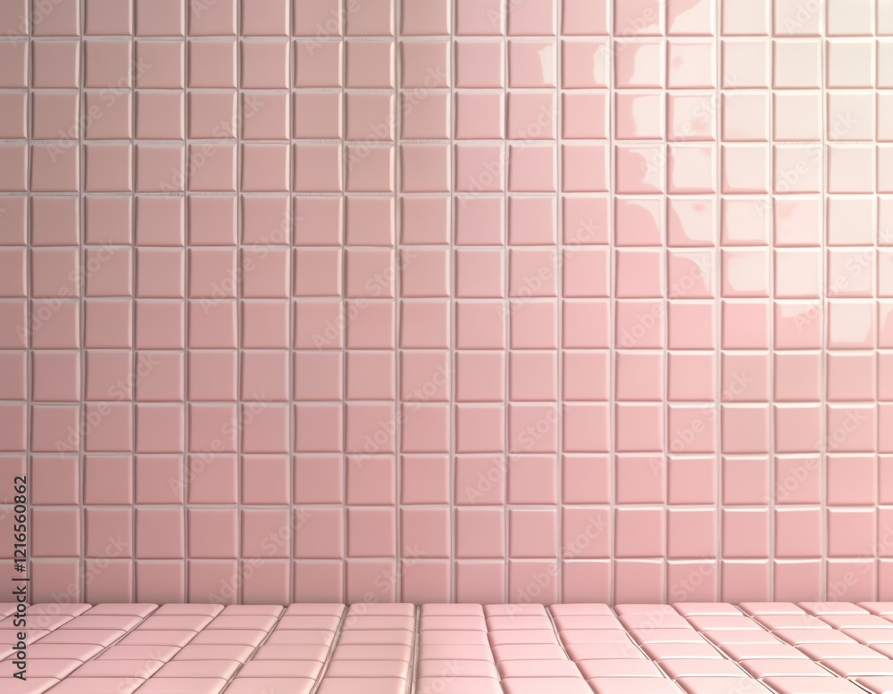Poster pink tile wall, floor creates clean, modern design. pastel pink color palette creates calming, invit