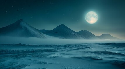 Moonlit snowy mountains, serene night landscape, cold desert scene, winter wonderland. Ideal for travel, nature, and fantasy backgrounds