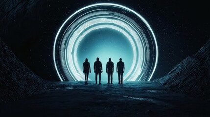 Futuristic holographic space where diverse creators share glowing ideas, innovative teamwork, 3D illustration