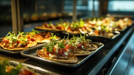 A buffet display featuring a variety of colorful roasted vegetables in white rectangular serving dishes.