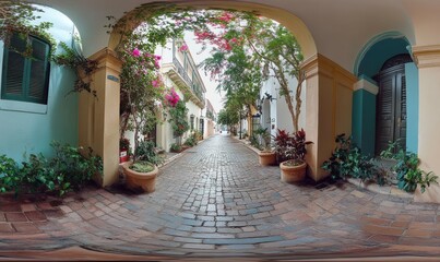 Fototapeta premium Forced perspective view of historic street in Old San Juan, San Sebastian, Puerto Rico