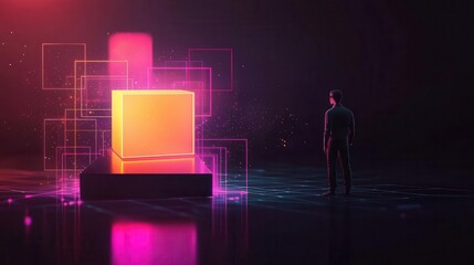 Fototapeta premium Futuristic office glowing with collaborative AR tools and dynamic models, creative exploration, 3D illustration