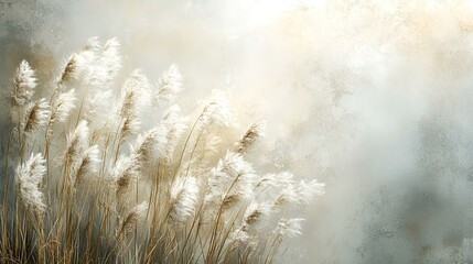 Pampas grass swaying gently in a hazy field, sunlight filtering through, creating a serene, calming background ideal for websites or wellness projects