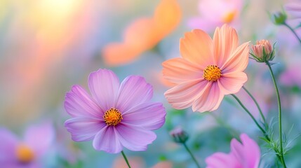 Pastel cosmos flowers in garden sunset, soft focus background, nature beauty, ideal for greeting cards