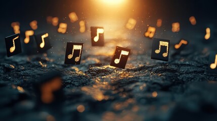 Naklejka premium Glowing musical notes forming a symphony, teamwork in creativity, 3D illustration