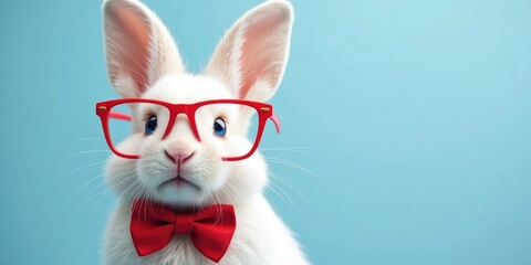 Cute white rabbit with red glasses and bow tie against blue background