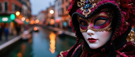 Banner of a woman in elegant red venetian mask with gold details on Venice blurred background.	