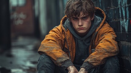 Obraz premium Young male teen in urban alleyway with worn clothing and pensive expression