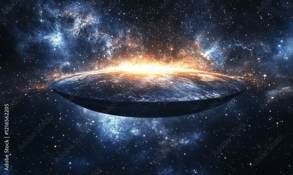 Poster futuristic interpretation of a flat earth floating in space, illuminated by cosmic light, depicting 