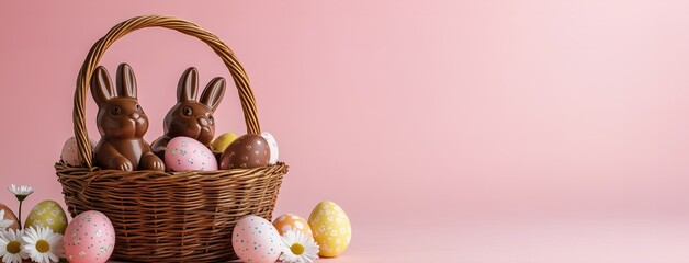 Two chocolate Easter bunny rabbits amongst colourful easter eggs in a basket against a soft pastel pink background. Wide web banner or header with copy space and room for text. 