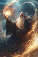 Obraz premium A wizard with a long beard casting a spell in a swirling storm of magic