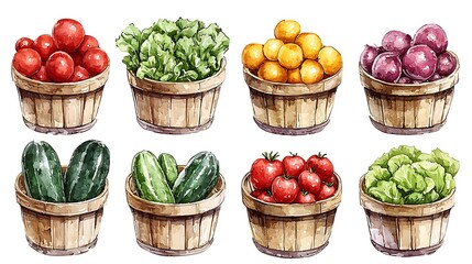 Watercolor Illustration of Fresh Farm Produce in Wooden Baskets.