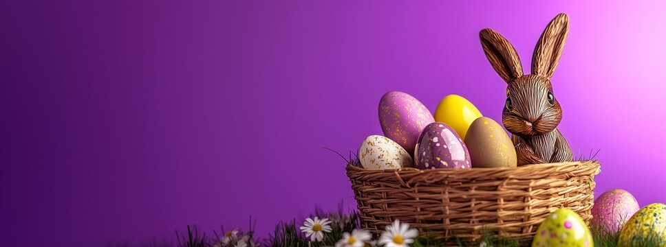 A chocolate Easter bunny rabbit amongst colourful easter eggs in a basket against a purple background. Wide web banner or header with copy space and room for text. 