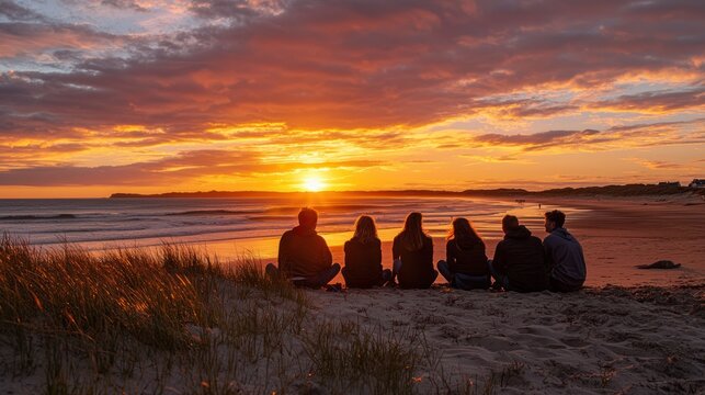 A group of friends watching the horizon sunset on a sandy beach. - Powered by Adobe