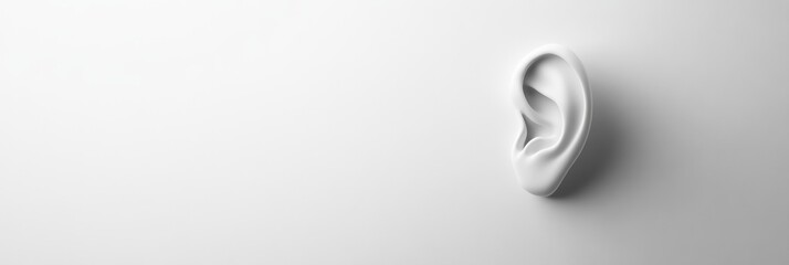 White stylized human ear is depicted on a minimalist white background, symbolizing the concepts of hearing, sound, and hearing problems, with ample space for text or design elements