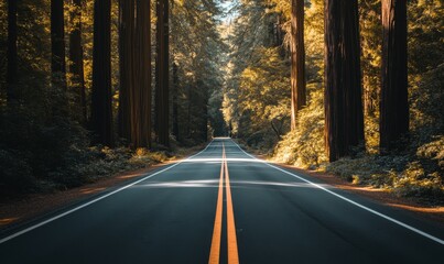 Fototapeta premium Forest road surrounded by trees with sunlight shining through branches