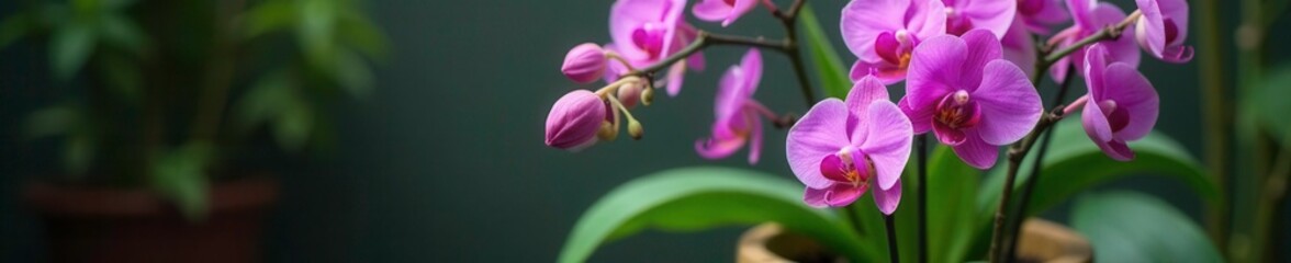 Delicate purple orchid stems intertwined with green leaves in a bamboo pot, nature, flora, purple