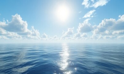 Obraz premium Serene Blue Sea and Sky with Puffy Clouds on a Clear Day: Peaceful Oceanic Panorama Background Concept for Calm and Tranquility Searches, Generative AI