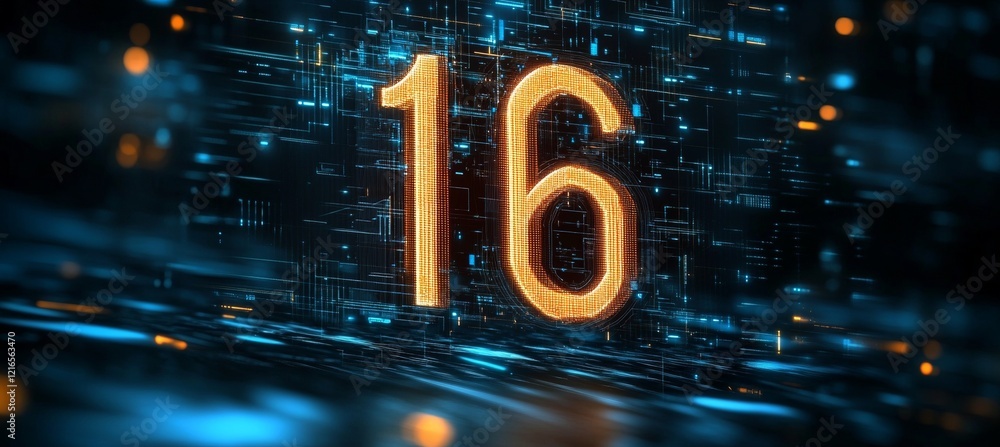 Poster glowing futuristic number 16 on digital abstract background with circuit pattern, 3d rendering