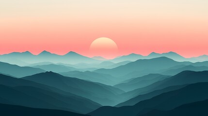 Obraz premium Serene sunset over layered mountains; peaceful landscape for travel brochures or calming desktop backgrounds