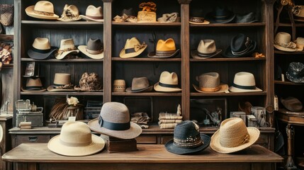 A hat shop interior with antique shelves and classic designs.