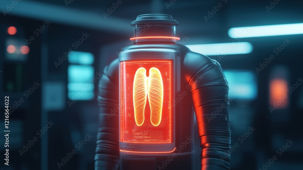 Poster robotic anatomy with lungs display in sci-fi setting