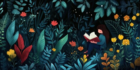 Girl Reading a Book Surrounded by Lush Flowers and Plants