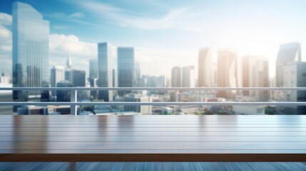 Obraz premium Beautiful blurred background of a modern city skyline view from a wooden terrace with sunlight creating a serene and tranquil atmosphere