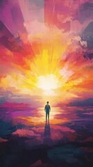 Fototapeta premium Solitary Figure Facing Bright Sunset Radiance