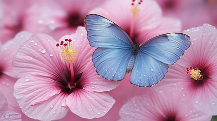 Fototapeta premium Blue Morpho Butterfly on Pink Hibiscus Flowers