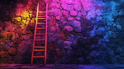 Wooden ladder against vibrant wall, colorful lights