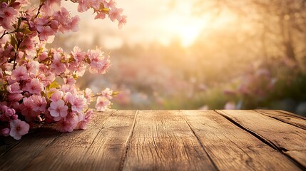 Spring blossoms on wooden table, sunset garden background. Perfect for product display or spring themes