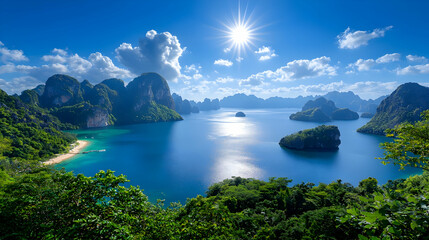 Fototapeta premium Stunning Tropical Island Seascape with Azure Waters and Lush Greenery