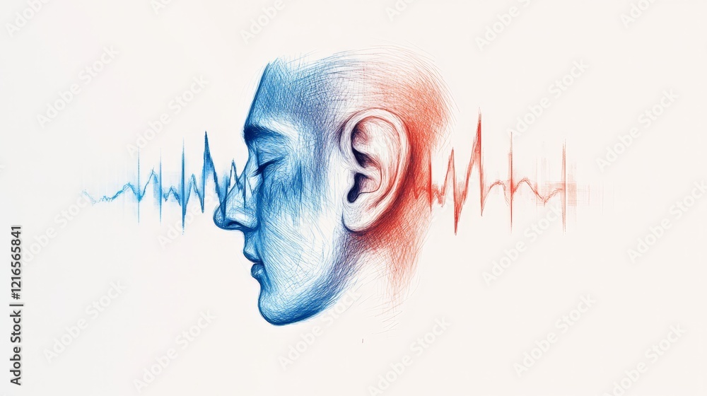 Poster sound wave entering human ear in a sketch drawing style highlighting the importance of hearing healt