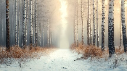 Sunlit path through snowy birch forest at dawn; winter wonderland scene, ideal for nature calendars