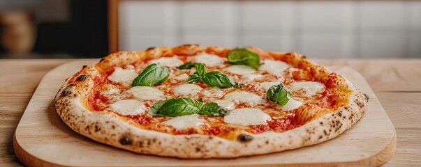 National pizza day celebration and festival idea. Delicious pizza topped with mozzarella and fresh basil leaves.