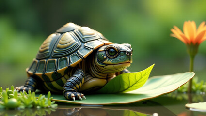 Obraz premium 3D Turtle's Tranquil Leaf