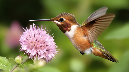Fototapeta premium A beautiful and the colorful hummingbird with the flower on the flower background 