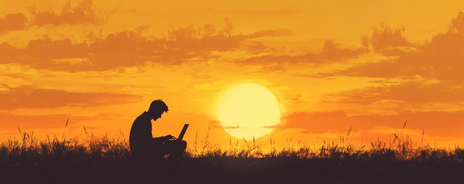 freelance work, financial freedom, silhouette of business man working on laptop on sunset beach, banner background with copyspace