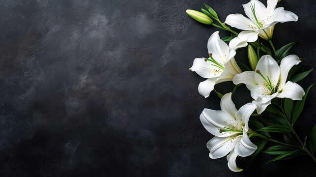 Bouquet of white lilies, black background with copy space. Funeral concept