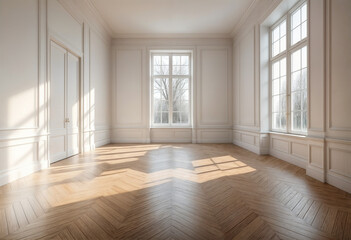 A minimalist and modern empty room with white walls and open space serves as a blank canvas for interior design and architectural concepts.	
