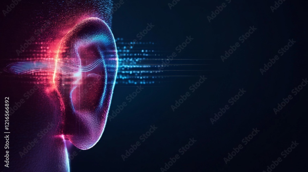 Poster Sound waves are entering a digital ear and transforming into a stream of binary data, visualizing the process of hearing and digital audio processing